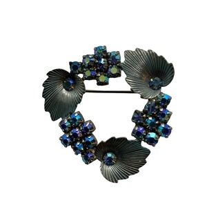 Vintage West Germany 1950s Blue Aurora Borealis Rhinestone Silvertone Brooch